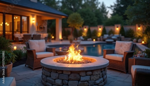 Evening backyard scene with fire pit. Cozy outdoor setting, patio furniture around fire. Warm lighting creates relaxing ambience. Swimming pool in background. Home residential luxury design for