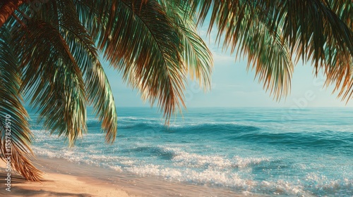The leaves of palm trees on Sunny tropical beach. Summer vacation and tropical beach background concept : Generative AI