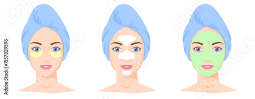 Different cosmetic products set. T-zone strips, clay or sheet mask, eye patches. Woman with towel on head. Vector illustration