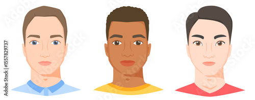 Men with different ethnicity, race and appearance. White, black and asian male faces in flat style. Vector illustration. 