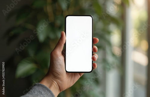 Hand holding phone 15 Pro mockup with white screen. Minimalistic design, editorial aesthetic. Showcase app, website digital content. Mockup for social media business use. Modern tech gadget.