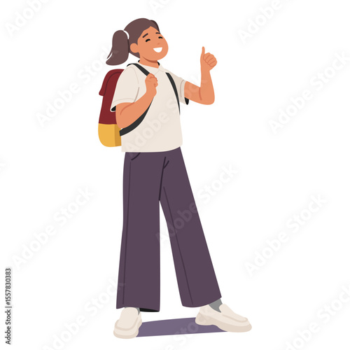 Trendy fashion schoolgirl with shine smile on face gesturing thumbsup sign sharing positivity