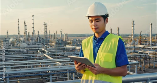  Professional asian factory worker walking and d with a tablet on Industrial background. Male expert looking the refinery premises or gas pipeline. Heavy Industry Engineer Wearing Safety Uniform
