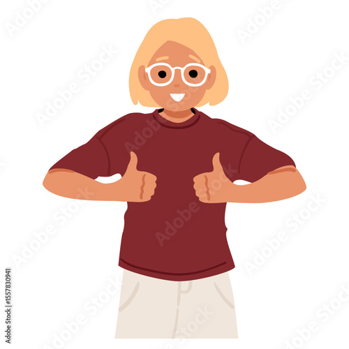 Female schoolkid cartoon character raising arms to make thumbsup double gesture isolated portrait