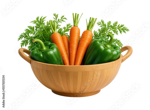 Fresh and Vibrant Green Bell Peppers and Carrots in a Wooden Bowl, Perfect for Healthy Cooking and Recipes, Isolated on Transparent and White Background