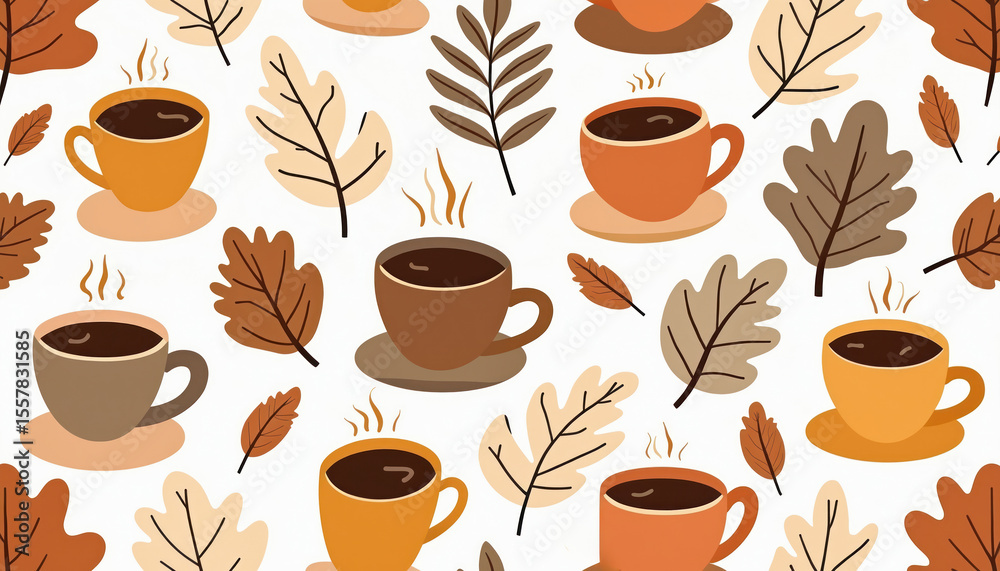 Obraz premium Seamless pattern featuring coffee cups, autumn leaves. Modern flat illustrations, playful textures create visual aesthetic. Hot drinks, cozy, warm vibes ideal for cafe, restaurant designs, textile