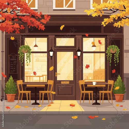 Cozy autumn café patio with tables, drinks, and plants