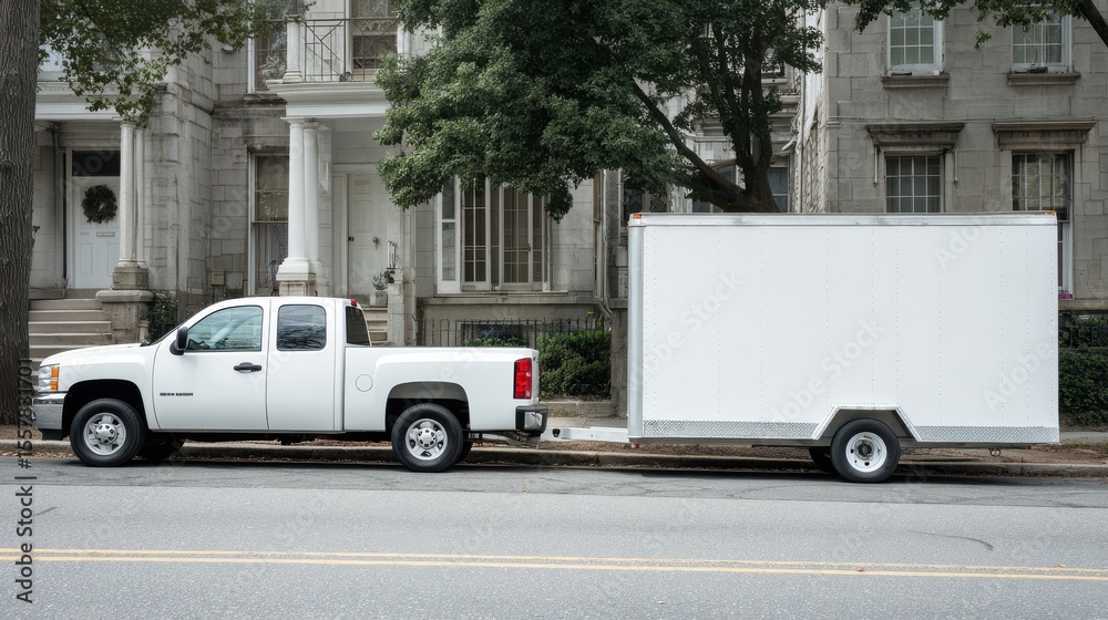 Fototapeta premium White pickup truck and large utility trailer parked on residential city street. Copy space image. Place for adding text