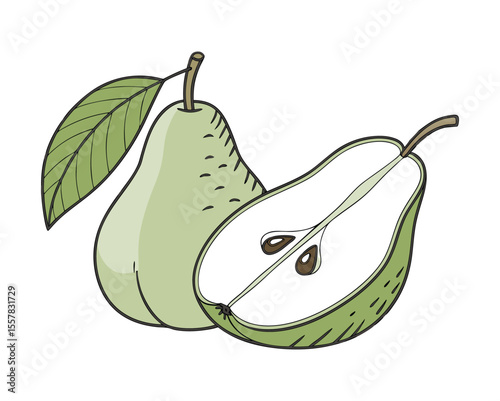 Green pear with leaf and sliced half fruit