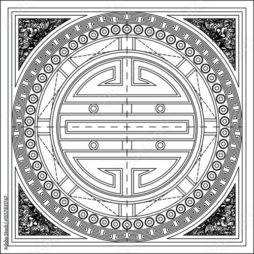 An intricate black and white decorative square ornament featuring a prominent central circular motif with geometric patterns and repetitive elements. The corners are adorned with complex, traditional-