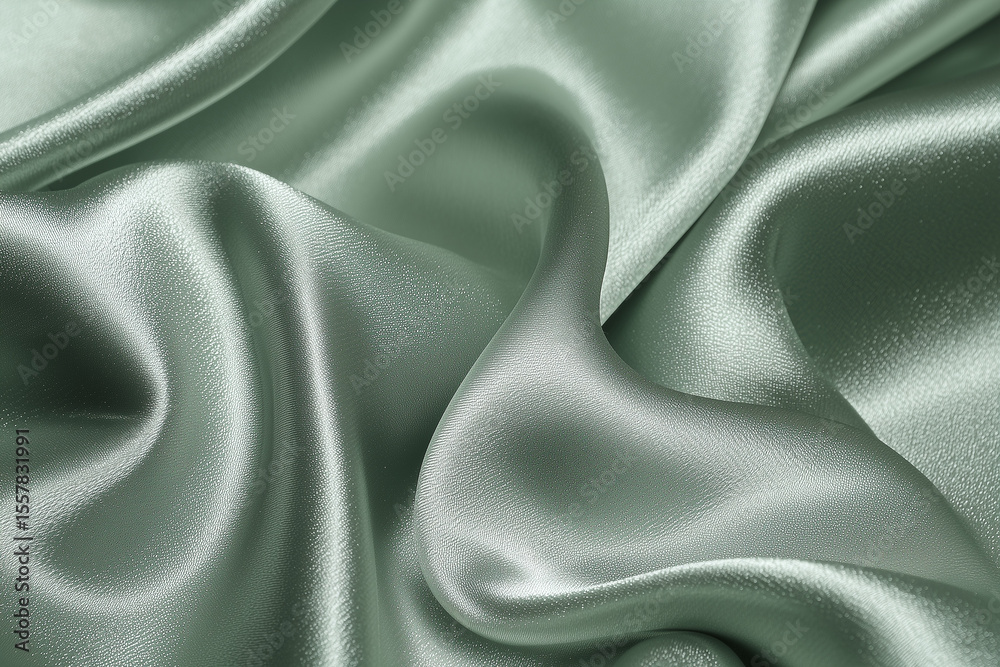 Obraz premium close-up of shimmering silver green silk or satin fabric in bright light, showing the play of light and shadow and reflecting light
