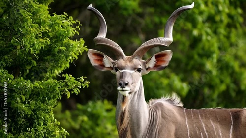 Majestic kudu antelope portrait amidst vibrant green foliage in its natural wildlife habitat