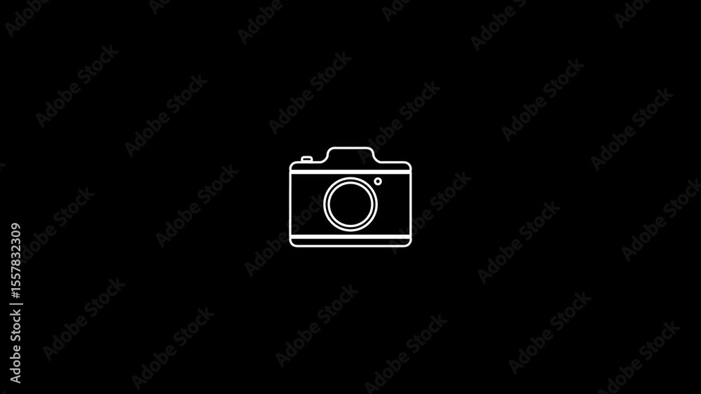 A linear-style camera icon animates on a solid black background. The white outline of the camera draws itself smoothly in a single-line animation. The lens circle pulses lightly, and a subtle flash .