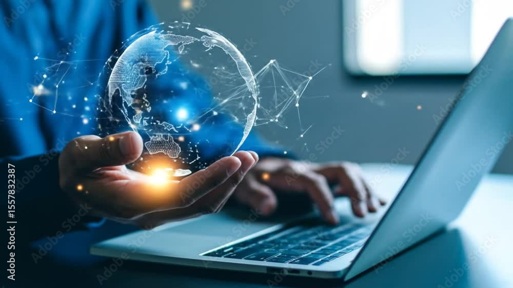 Empowering Global Connectivity: A Person's Hands Connecting to the World Online Empowering Global Connectivity: A Person's Hands Connecting to the World Online