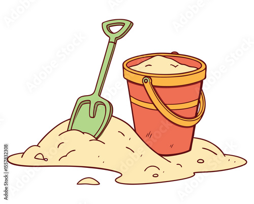 Orange bucket and green shovel in sand beach
