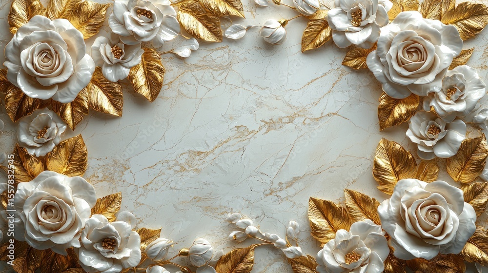 Obraz premium Ornate white roses with gold leaf details on a marble background.