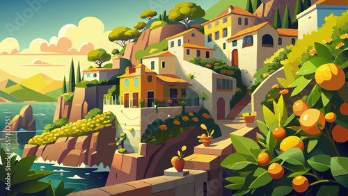 Houses cascade along cliffs kissed by light, lemon trees in bloom, gentle Mediterranean sun casting rich warmth. Water sparkles far below, stone paths wind through blooming gardens.

