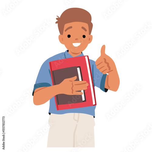 Enthusiastic schoolboy cartoon character gesturing thumbsup approve sign carrying textbooks