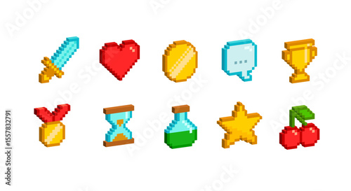 3D Pixel Art icons set in 8-bit game style.  Retro 8-bit game icons set of: sword, heart, gold coin, winner medal, trophy cup, etc.  Editable vector in 3D style