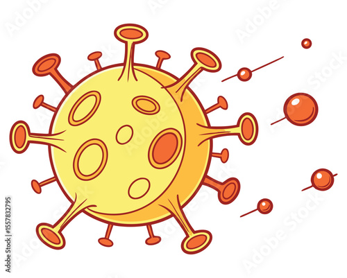 Cartoon virus with spikes and flying particles illustration medical