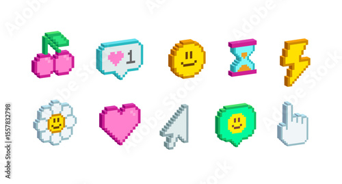 3D graphics icons in 90's Pixel art aesthetics. Simple pixel geometrics shapes. Retro 8-bit game icons set of: cursor, chat message, face smile, emoticon, heart, etc.  Editable vector in 3D style 