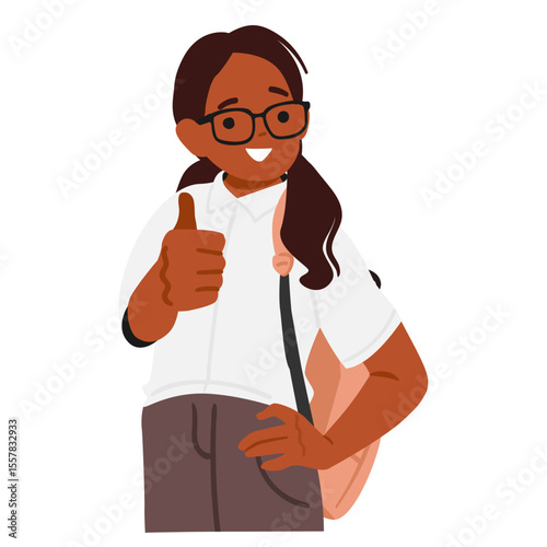 Happy schoolgirl cartoon nerd character in uniform making thumbsup enjoying back to school
