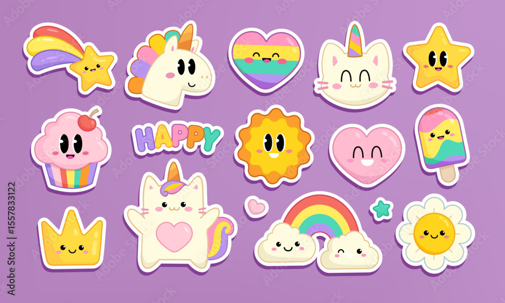 Fototapeta premium Funny kawaii emoticons in pastel colors. Cute sticker pack of baby kitten, inicorn, rainbow, cupcakes and ice cream, happy characters. Hand drawn Cartoon style Happy Birthday stickers. Editable vector