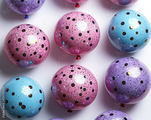 Colorful polka-dot balloons arranged in a grid pattern