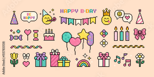 Pixel art Happy Birthday items and icons collection of present box, gifts, holiday cake, balloons. Birthday party icons in 90's aesthetic. Cute pixel holiday stickers. 8-bit game style icons in vector