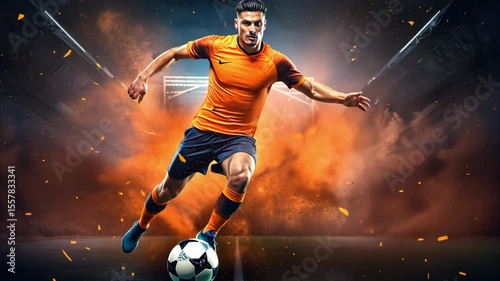 Young sporty athletic caucasian man wearing in orange sport clothes, soccer football player in action on dark background. Concept of sport, game, action. Copy space for ad. Modern design background 4K