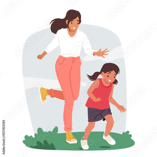 Excited mother and happy daughter playing outdoors enjoying leisure activity and family outing