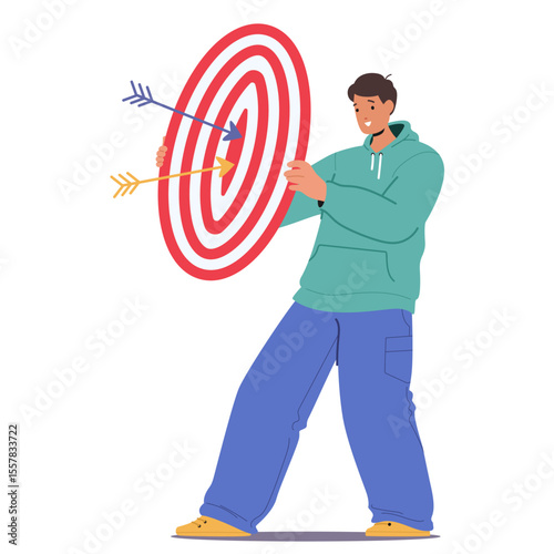Business success metaphor with young businessman holding target catching arrows isolated on white