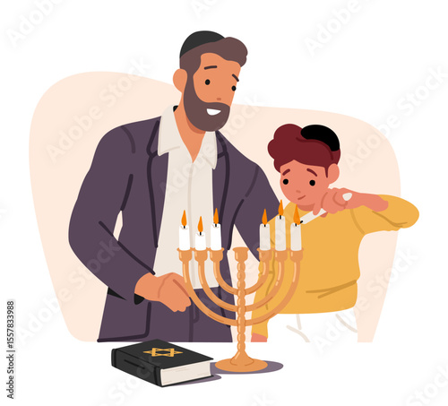 Jewish family lighting holy Hanukkah menorah candles celebrating sacred religious tradition