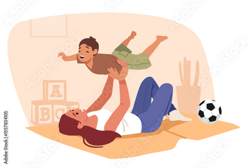 Happy mother lifting up her lovely boy child while playing at home together cartoon motherhood scene