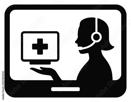 Black Silhouette of Telehealth Support on Tablet with Medical Cross Screen Offering Aid