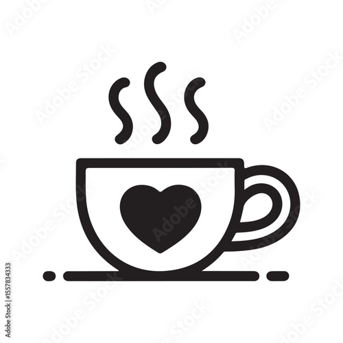 Black Coffee Cup with Heart Design Steam Icon hot drink