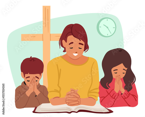 Christian family with folded hands praying to god together front of opened bible vector illustration