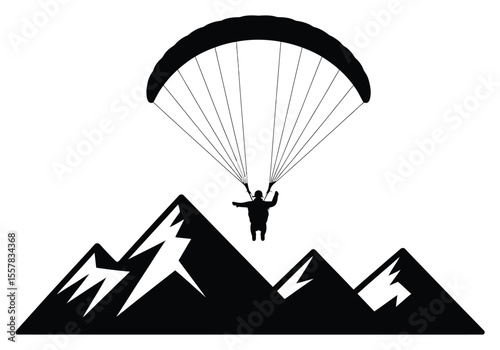 Black Silhouette Paraglider Soaring Over Mountain Peaks, Extreme Sport Adventure, Isolated