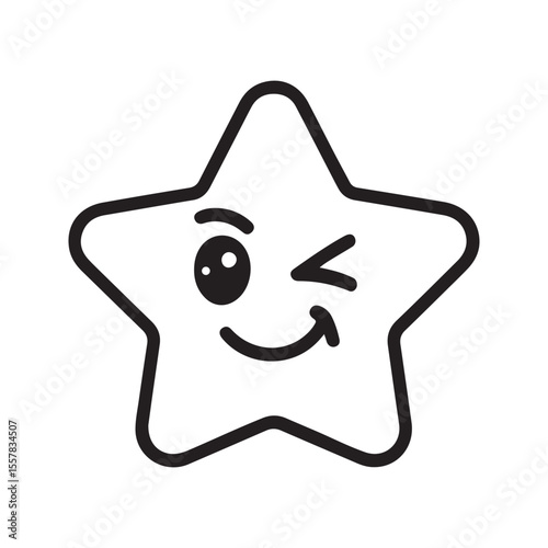 Winking Cartoon Star Simple Black Line Art Emoji emoticon