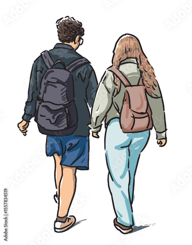 Two teenagers students couple with backpacks walking outdoors together, freehand drawing, realistic vector illustration isolated on white