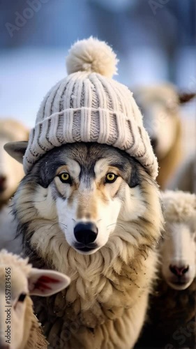 Wolf wearing a winter hat surrounded by sheep in a snowy field looking directly at the viewer with soft warm lighting