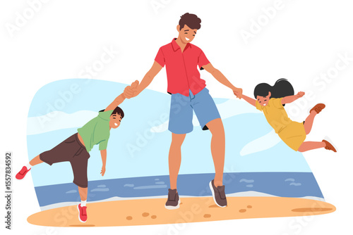 Happy father playing with children at sandy beach during summer holiday vacation cartoon scene