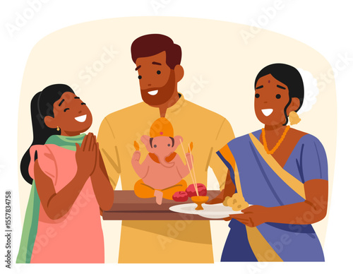 Happy Indian family prayers celebrating Diwali festival holiday together vector illustration