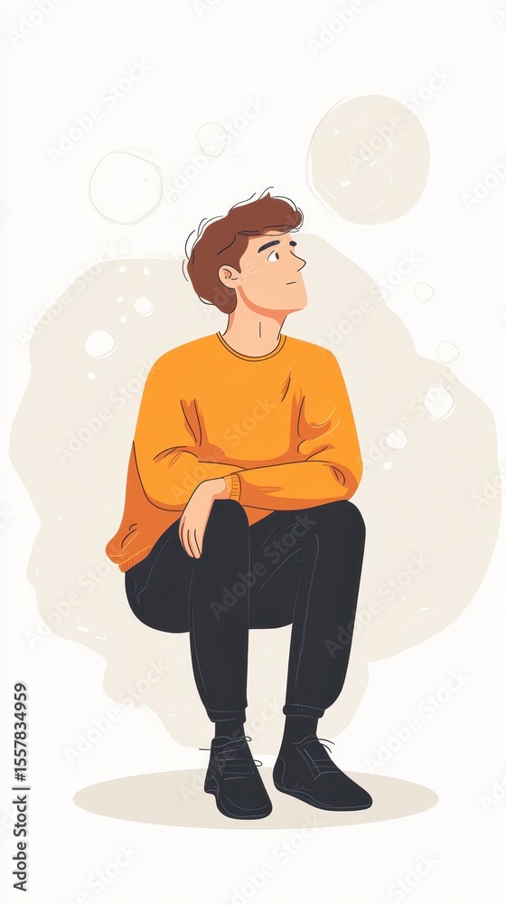 Fototapeta premium Illustration of a Person in a Relaxed Pose with a Thoughtful Expression in an Artistic Modern Style Against a Minimalist Background