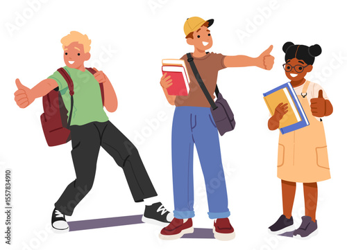 Smiling schoolchildren making thumbsup ready to school enjoying learning opportunity isolated set