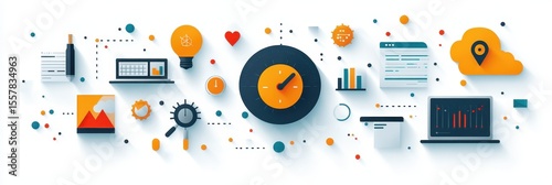 Conceptual Illustration Featuring Digital Technology and Data Analytics Tools Highlighting Business Innovation and Efficiency Strategies