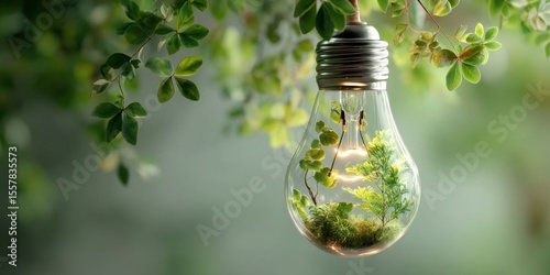 Bright Light Bulb with Green Leaves Symbolizing Renewable Energy and Sustainability