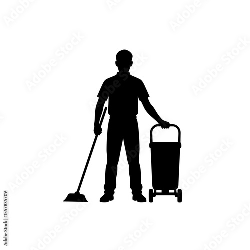 Airport cleaning staff member using a mop with cleaning cart  