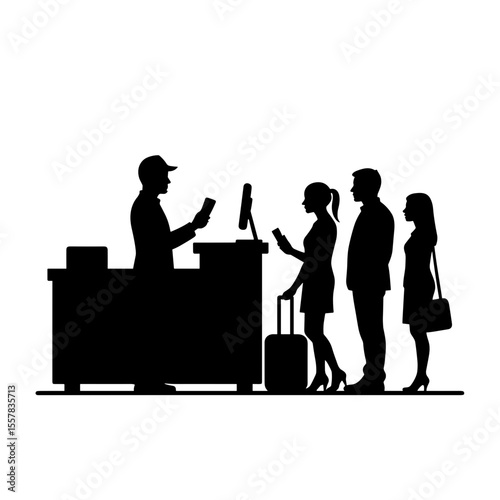 Check-in desk attendant assisting passengers while they wait at airport  