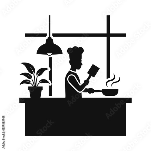 Chef cooking in kitchen with plant on countertop - Concept of Things to do in airport  